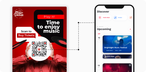 Person scanning a QR Code on the event promotional material to download an app and buy tickets