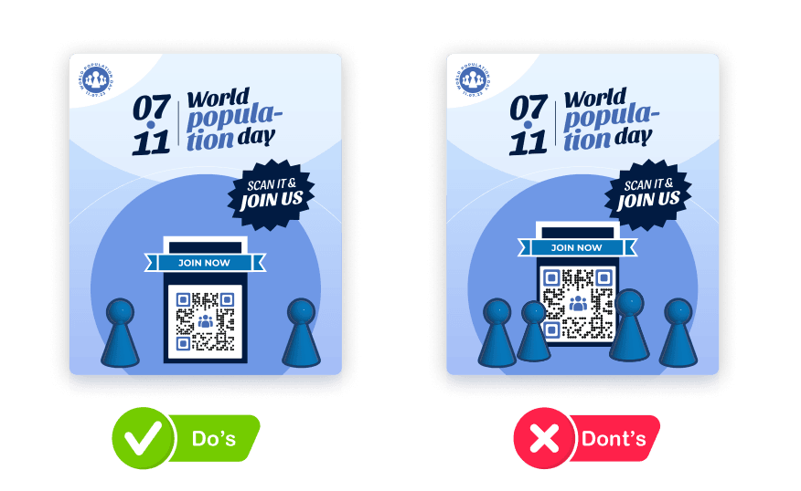 Deux affiches d'événements avec des codes QR et un cadre `` Join Now '' comparant l'utilisation efficace des espaces blancs améliorent la clarté et empêchent l'encombrement.