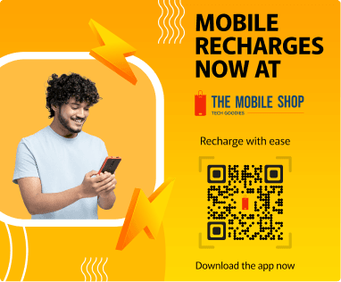 Yellow poster for mobile recharge with a transparent QR used for personalized promotion, with a smiling person using phone.