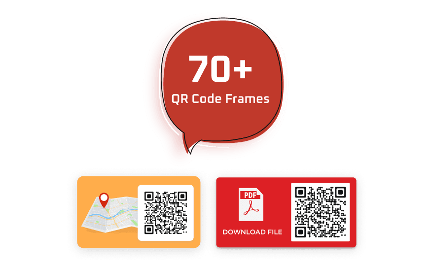 A text bubble with text 60+ frames, showing a range of QR code frame designs provided by Scanova for all types of projects. 