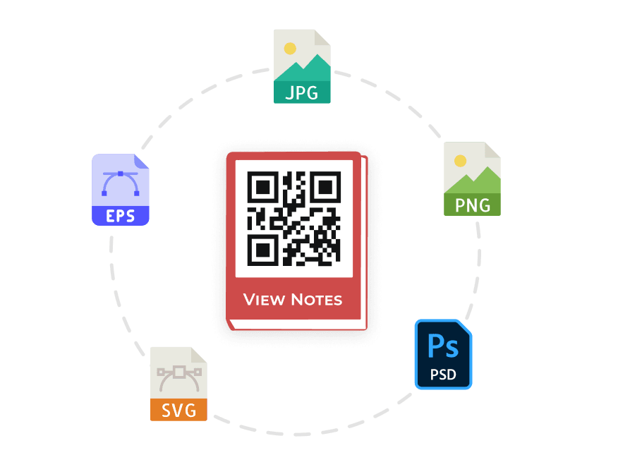 QR code with a book frame circled by image format icons, showing that frames can be generated in various sizes and formats.