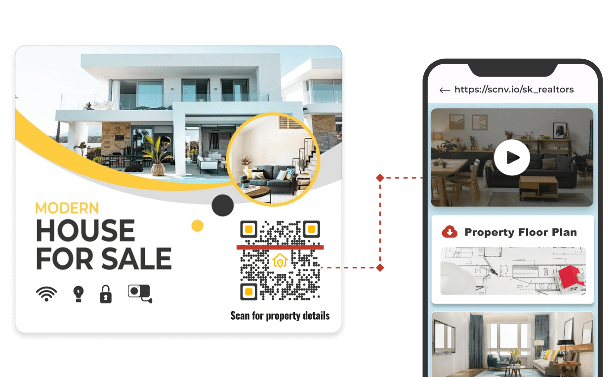 A girl in a VR headset explores a real estate QR code on a poster, linking to an immersive virtual tour of the property.