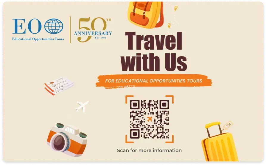 Travel With Us 50th anniversary poster with custom QR Code, highlighting how we simplify QR Code creation for events.