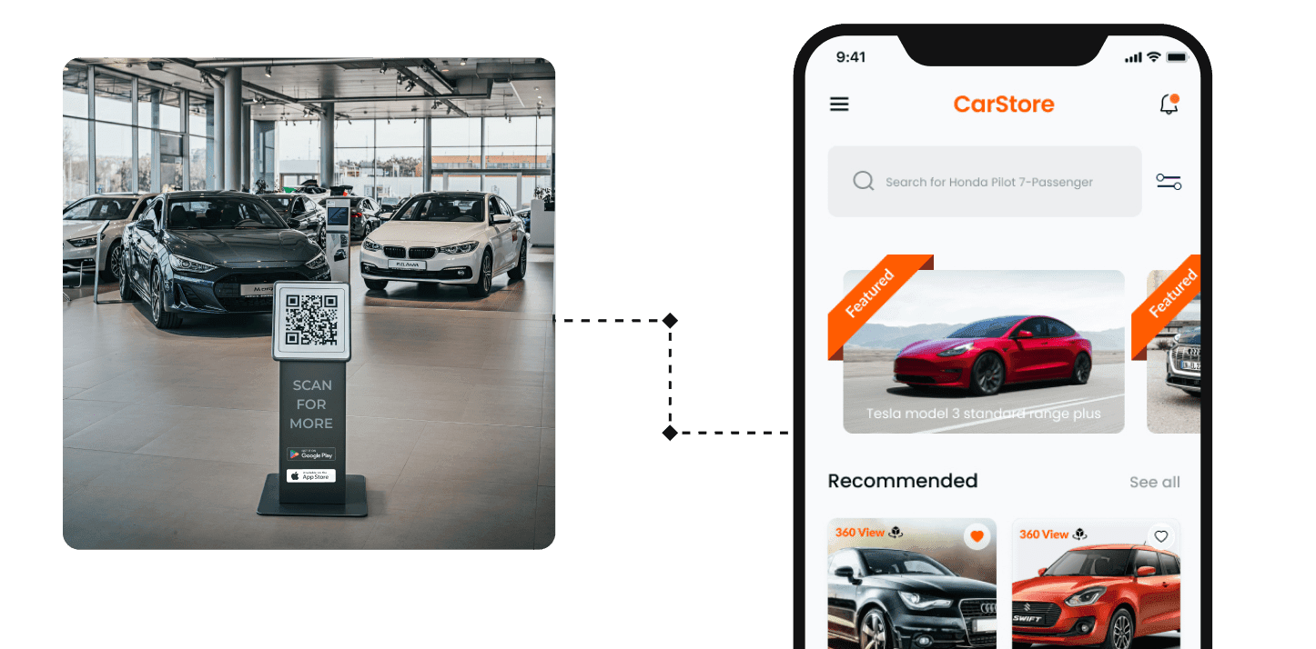 An automotive QR Code placed at the center of a car showroom, leading potential buyers to product listings and recommendations page