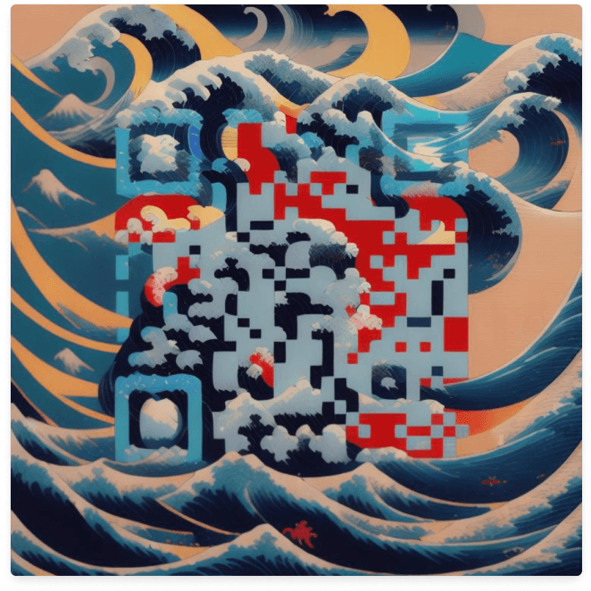 Example of an AI QR code with a modern take on Hokusai's 'The Great Wave,' featuring neon colors for striking effect.