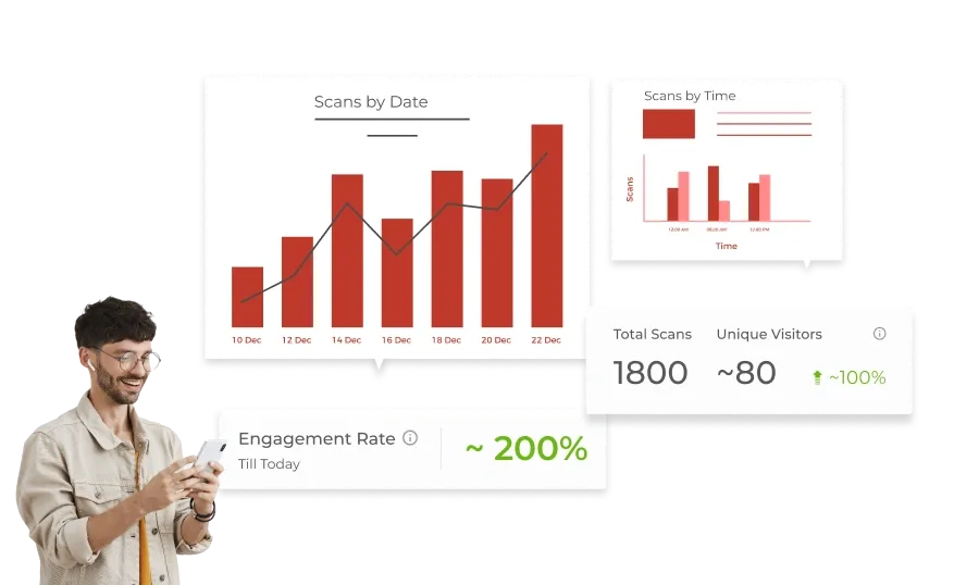 Retail QR Code on a poster boosts app downloads, with a man exploring bags on the app after scanning for increased engagement