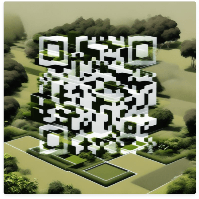 AI-generated code showing a modernist house in a serene garden setting, with clean design and lush green surroundings.