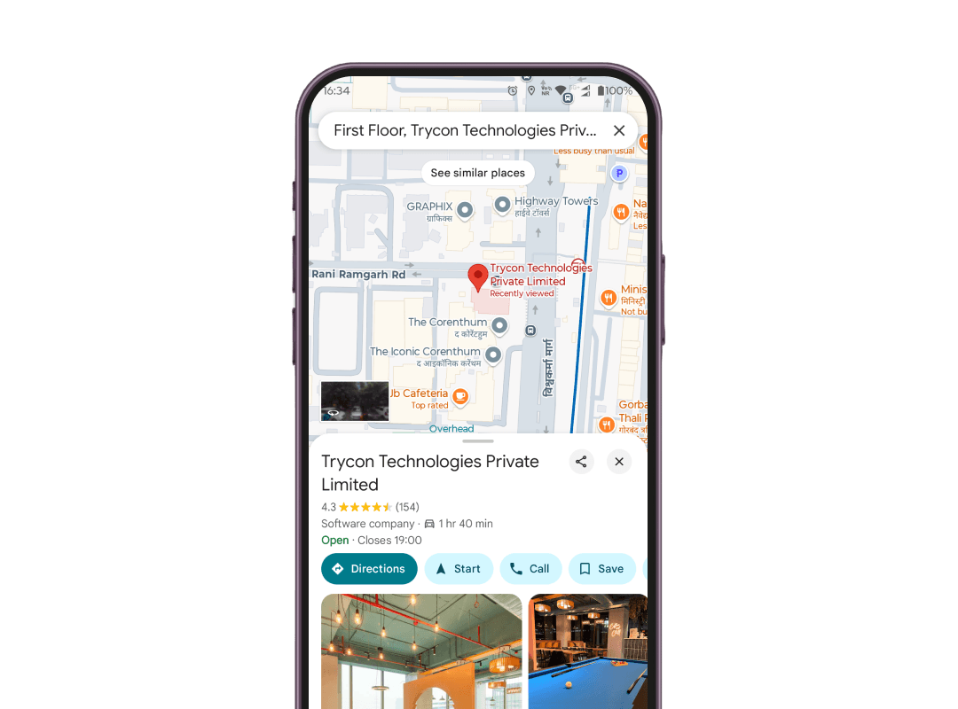 Smartphone que muestra la ubicación de 91Springboard como escaneo de mapa de Google El tipo de código QR abre el mapa y señala la ubicación.