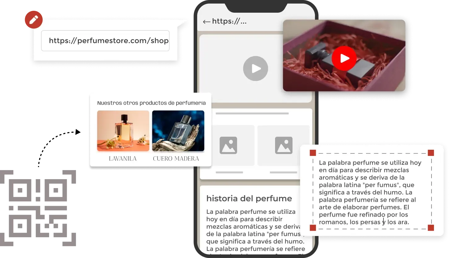 Screen displaying an editable webpage from scanning a dynamic QR code, with customizable URLs, videos, images, and text.