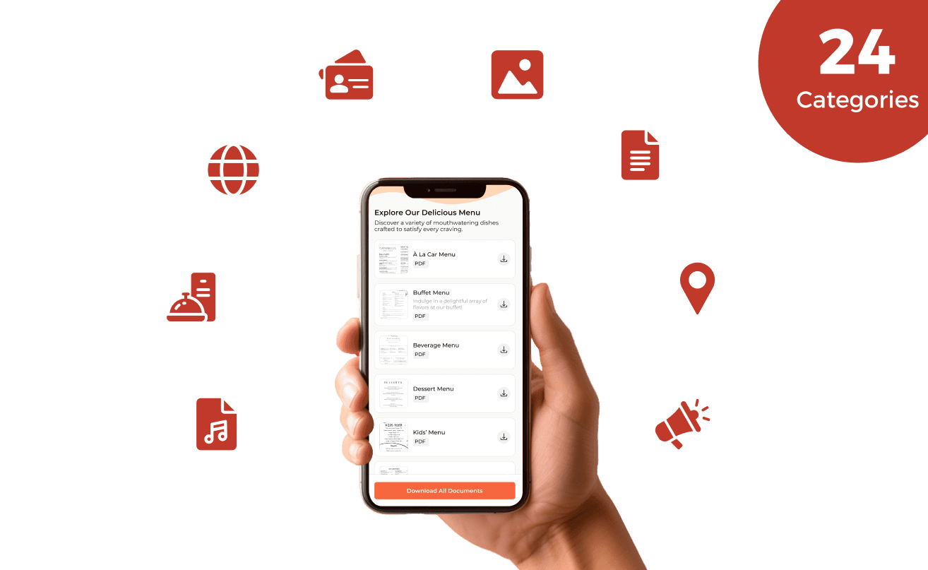 Elija entre 24 categorías diversas, como código QR de URL de sitio web, código QR de PDF, código QR de imagen, código QR de producto, código QR de App Store, código QR de evento, código QR de audio y más.