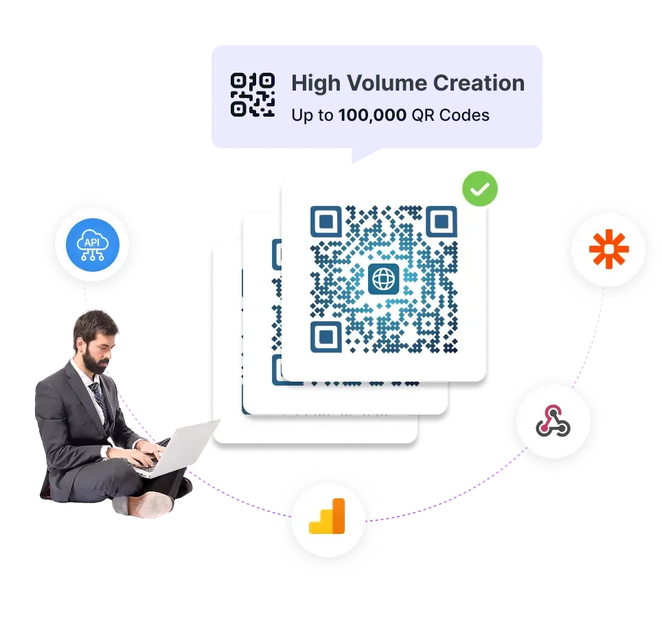 Scanova dashboard showing bulk QR Code generation of up to 100,000 codes with API and integration options for enterprises.