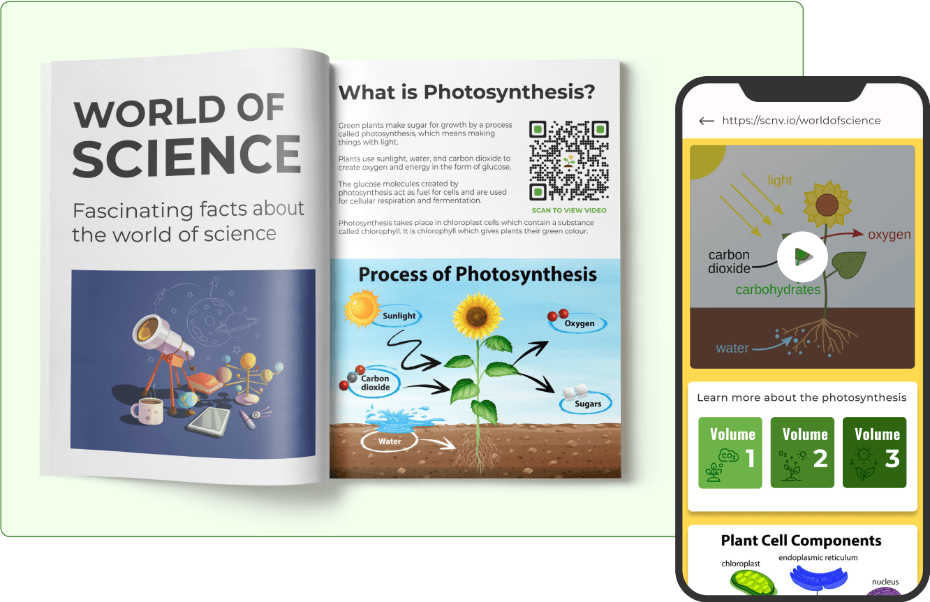 Un livre scientifique est lié à une vidéo de photosynthèse, offrant aux étudiants des ressources rapides et interactives via une solution de code QR.