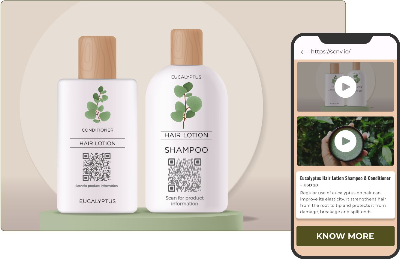 Bouteilles de shampooing et de revitalisant avec des codes QR, présentant des solutions de code QR pour des informations détaillées sur les produits.