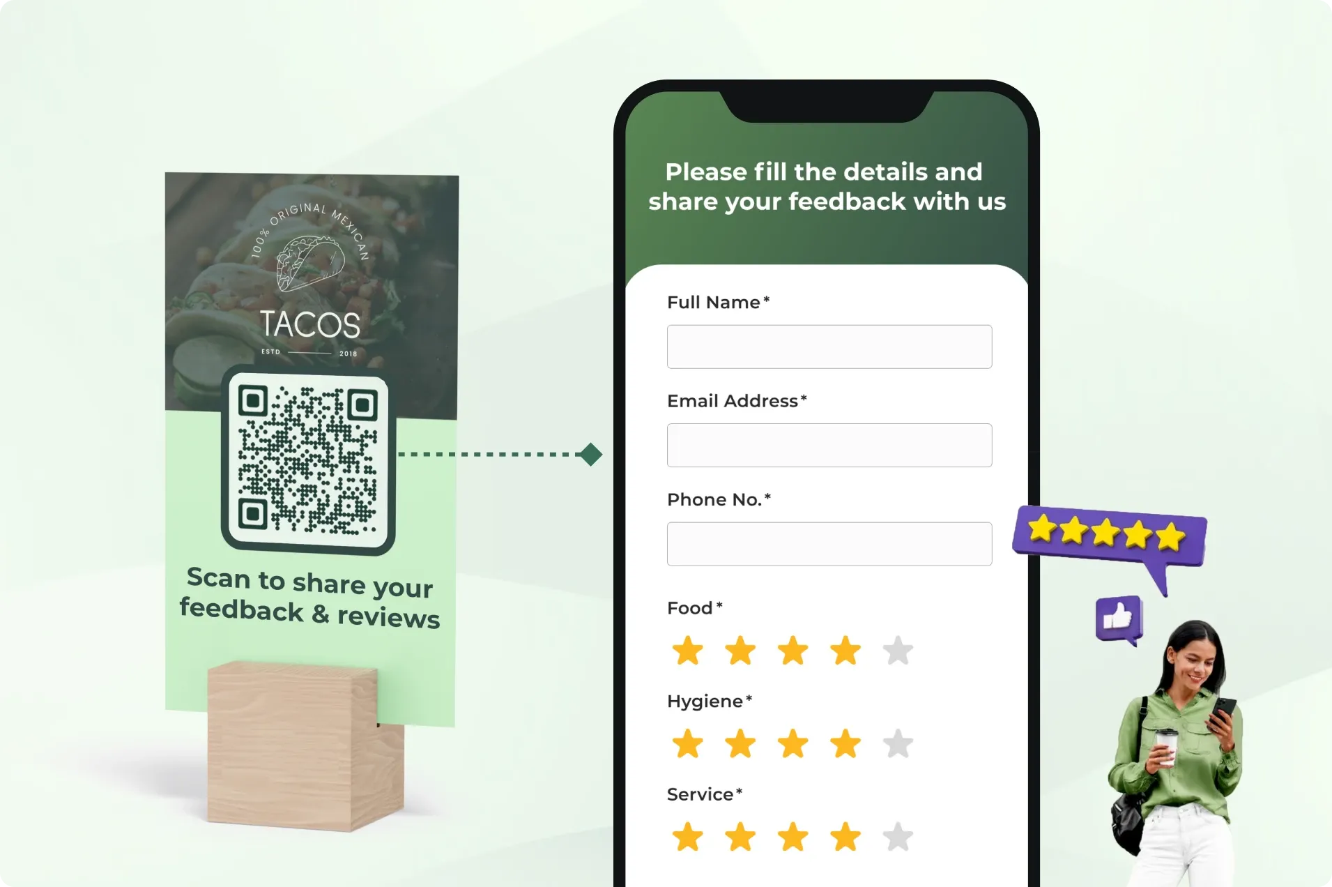 Cliente escaneando un código QR en un restaurante para brindar comentarios