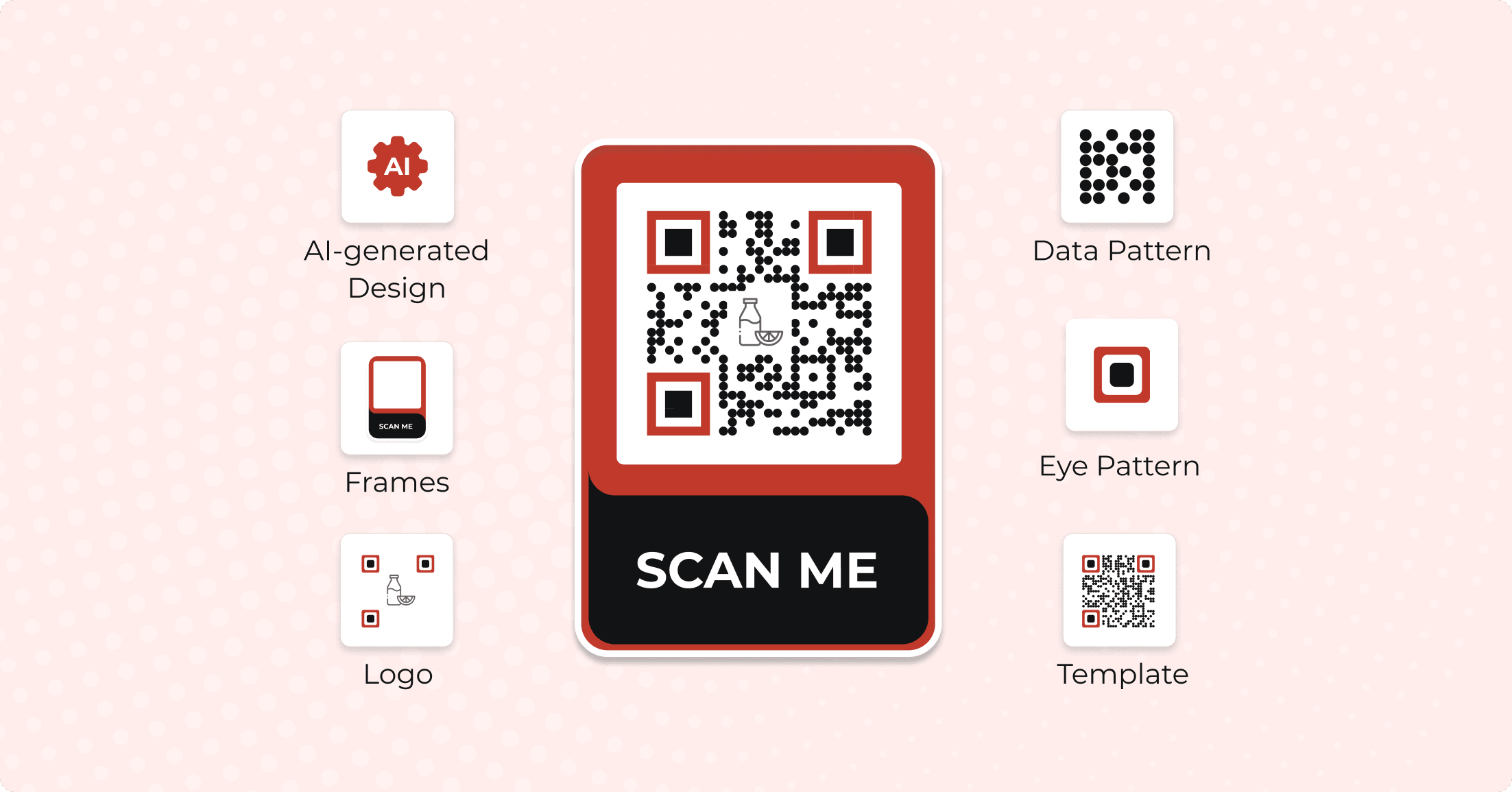 A fully-customized QR Code created using Scanova's AI-generated design, frames, logo, data pattern, and eye pattern features