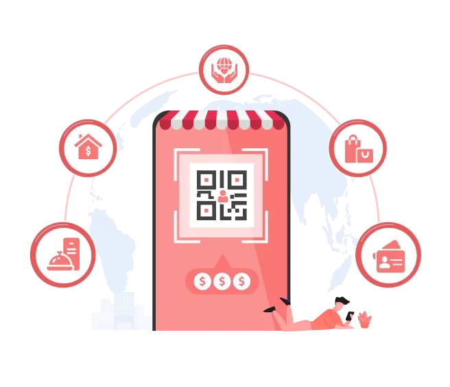 QR code on a screen with icons for various uses like retail and restaurant, showcasing Scanova’s versatile QR code solutions.