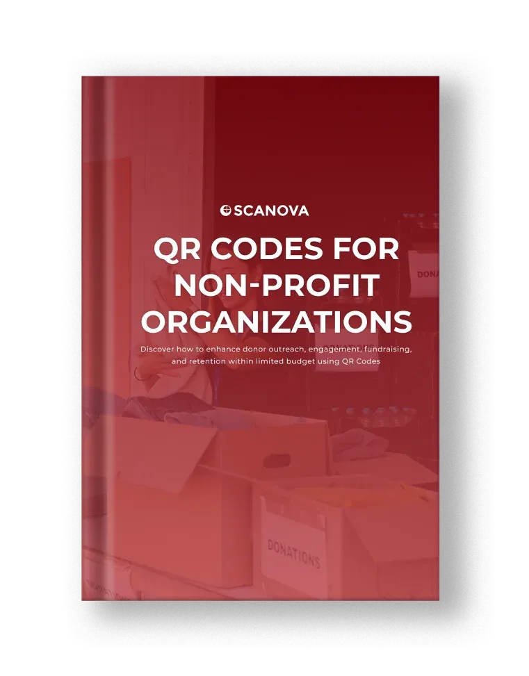 Red E-Book intitulé «CODES QR pour les organisations à but non lucratif» avec le logo de Scanova, offrant des conseils pour promouvoir les causes et gagner en charge