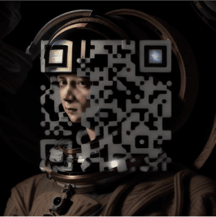 Example of AI-generated custom QR code by Scanova, showing an astronaut in sky with reflective helmet in Renaissance-style.