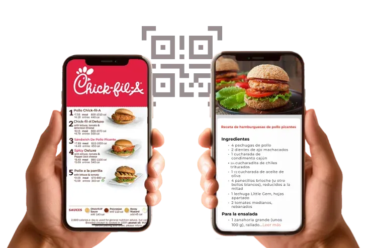 QR code being scanned; one screen shows the Chick-fil-A landing page and the other displays burger details for quick info.