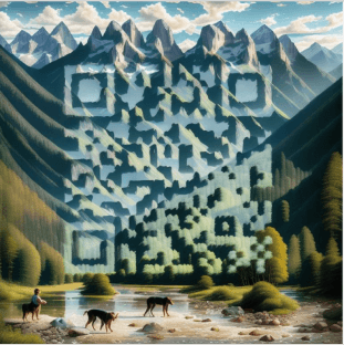 Example of AI-generated customized QR code by Scanova, showing an employee at his desk with a laptop, coffee, and notepad.