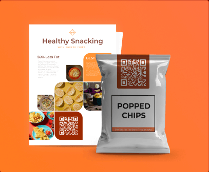 QR code on popped chips package and healthy snacking template, showcasing diverse uses for transparent QR code applications.