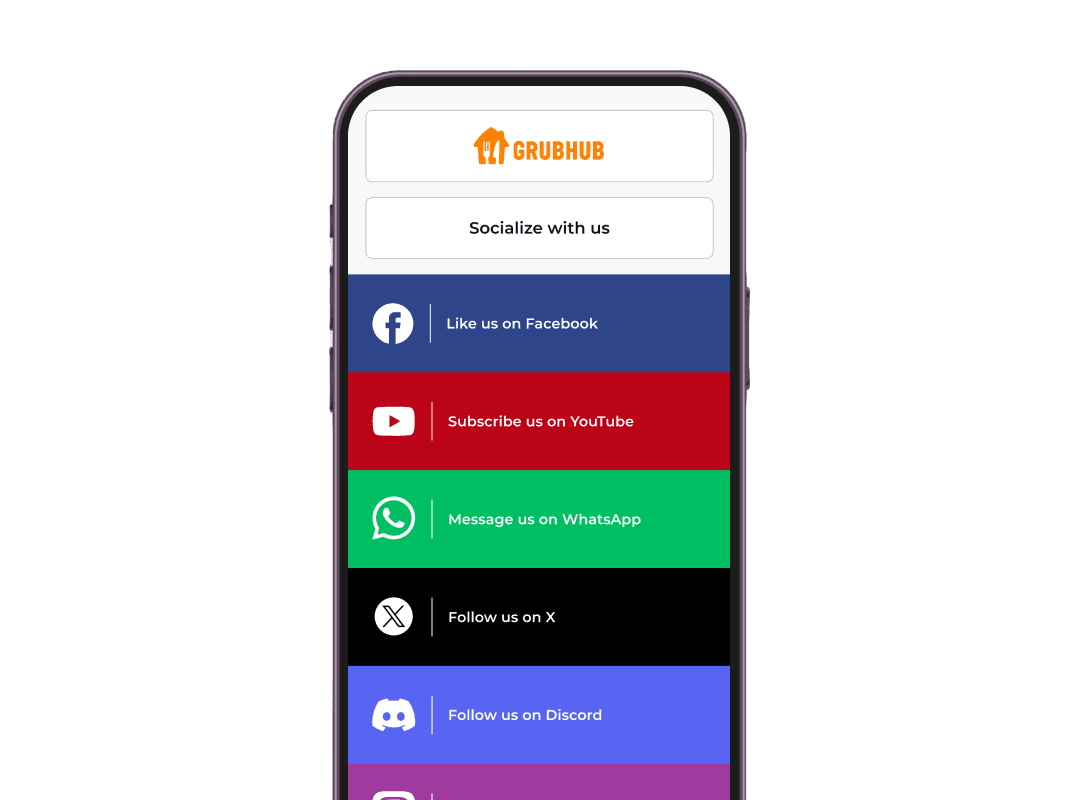 Teléfono inteligente que muestra los enlaces de redes sociales de ScanOva; Escanear el código QR redirige a una página de destino con todos los perfiles sociales