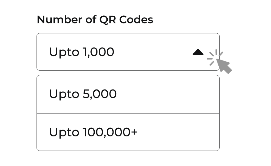 Tiered options to select the number of QR from Upto 1000 to Upto 100,000+ with Scanova's enterprise QR code generator.