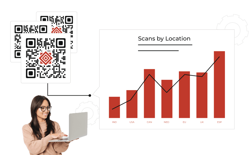 A woman analyzes QR Code scan data by location on her laptop, showcasing Scanova's analytics for informed decision-making.
