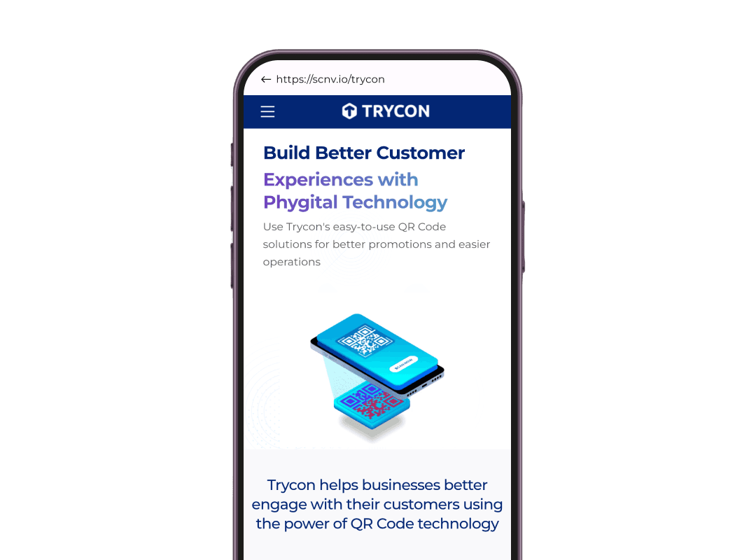 Pantalla de teléfonos inteligentes que muestra el sitio web de Trycon como escaneo de los usuarios de QR al sitio para obtener contenido de código QR dirigido.