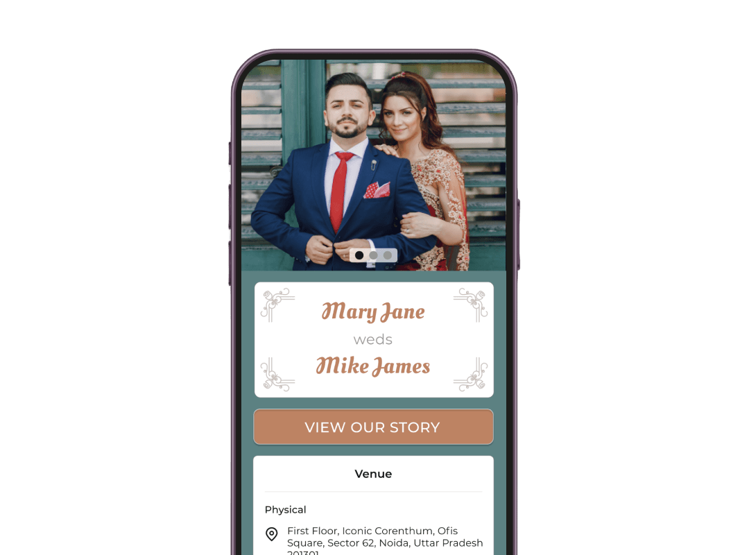 Mobile mostrando detalles de invitación de boda con contenido de código QR para agregar evento al calendario y RSVP para un fácil acceso de ubicación.