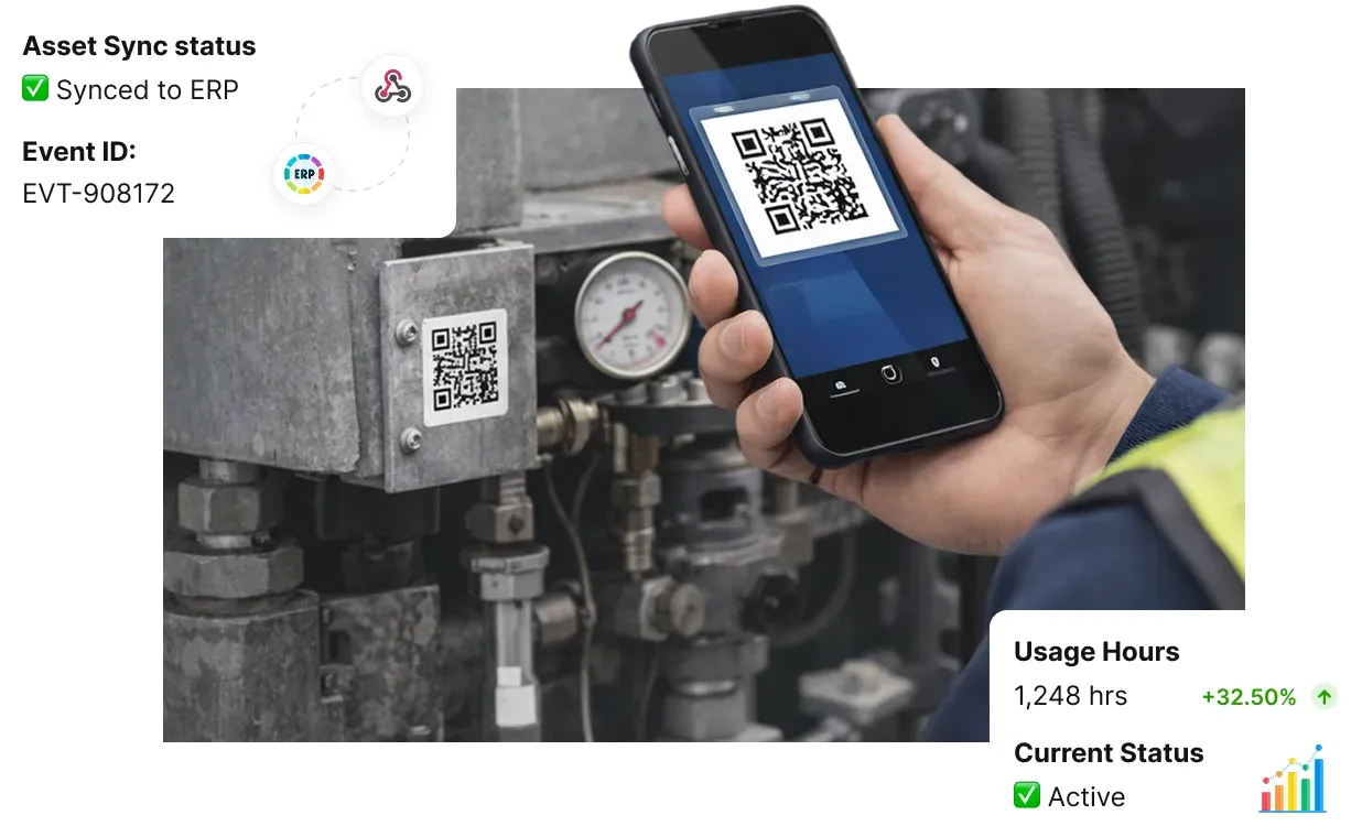 Técnico de campo escaneando el código QR de activos con sincronización de ERP en tiempo real y seguimiento de datos de uso