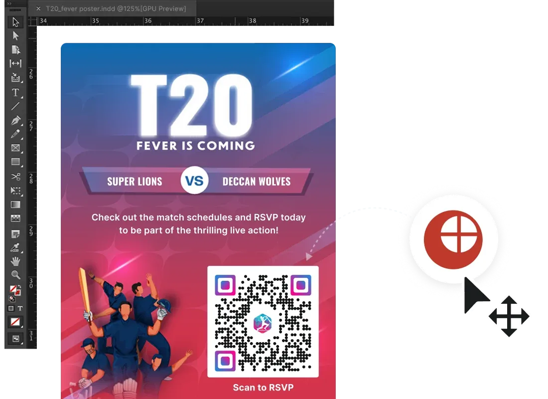 Diseñador que incorpora un código QR dinámico de marca en un póster de campaña T20 dentro de Adobe InDesign