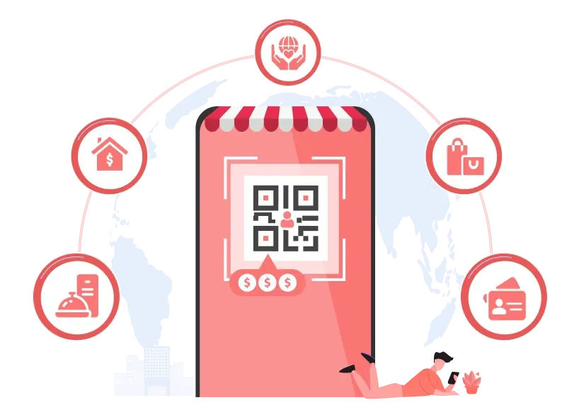 QR code on a screen with icons for various uses like retail and restaurant, showcasing Scanova’s versatile QR code solutions.