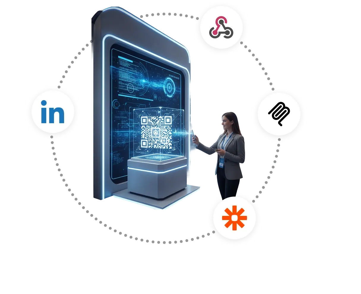 Escaneo de código QR en un stand de feria comercial sincronizándolo con integraciones de LinkedIn, Webhooks y Zapier