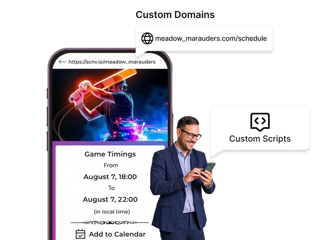 User customizing their QR landing pages with custom domains and custom scripts