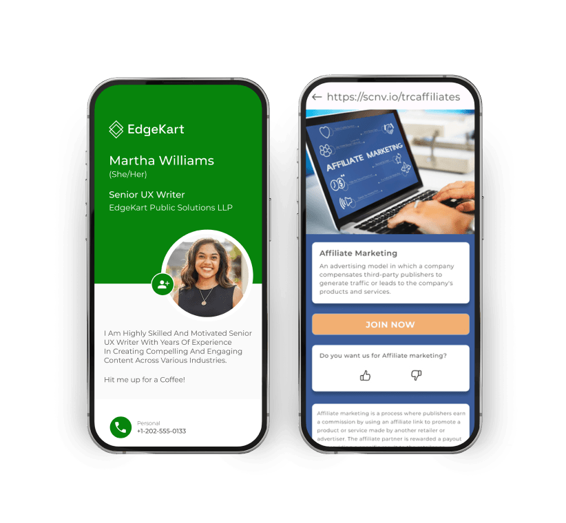 Two smartphones showing tailored landing pages via dynamic QR codes: a business card and a custom page for more engagement.