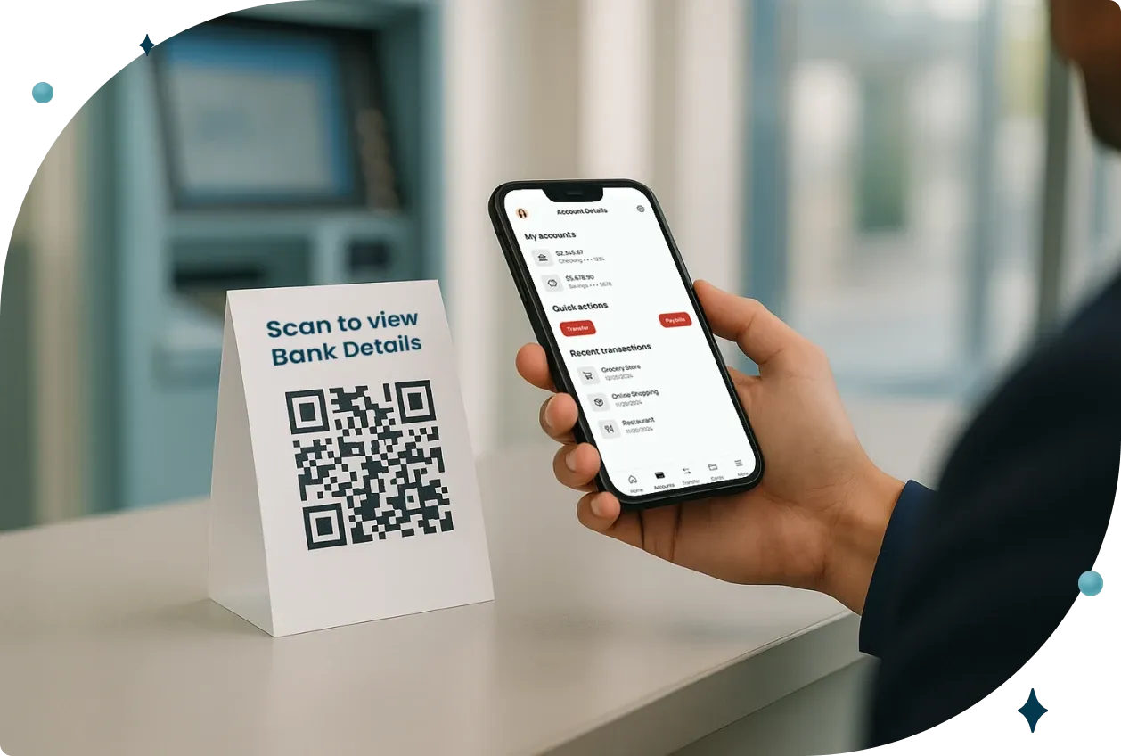 Person scanning a Banking QR Code to know bank details